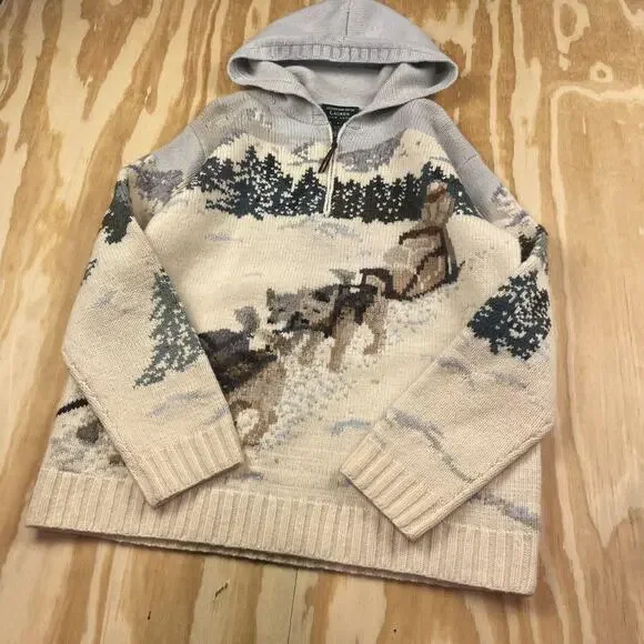 Vintage 90's Lauren Ralph Lauren Dog Sled Mural Hooded Sweater Jacket –Women’s L - Picture 5 of 8